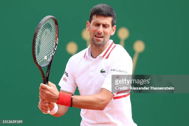 Novak Djokovic of Serbia reacts during his quarterfinal match against Daniel Evans of Great Britain during day five of the Rolex Monte-Carlo Masters...