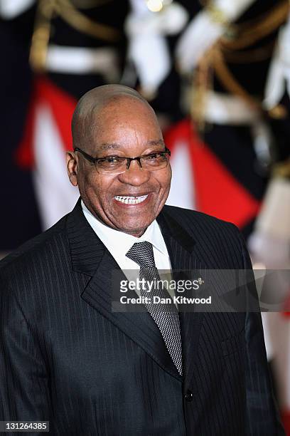 President of South Africa Jacob Zuma leaves the conference centre after the first day of the G20 Summit on November 3, 2011 in Cannes, France....