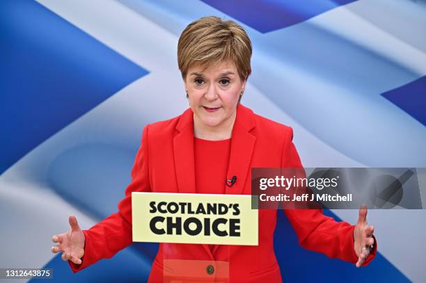 Scotland's First Minister and leader of the Scottish National Party, Nicola Sturgeon, launches her manifesto during the Scottish Parliamentary...