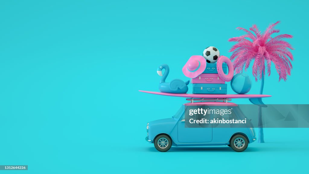 Summer Holiday and Travel Concept with Car on Blue Background