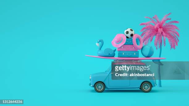 summer holiday and travel concept with car on blue background - flamingos stock pictures, royalty-free photos & images