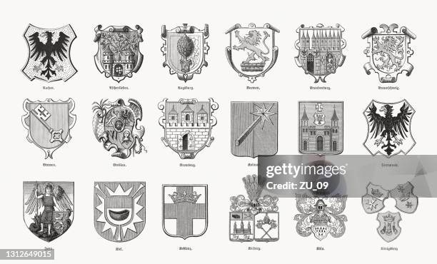 illustrazioni stock, clip art, cartoni animati e icone di tendenza di stemmi storici delle città tedesche, xilografie, 1893 - coat of arms