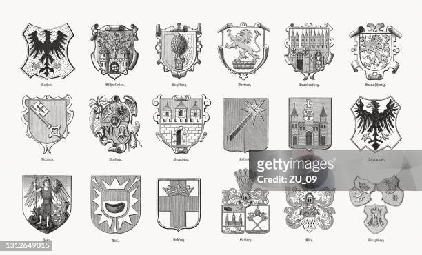 ilustrações de stock, clip art, desenhos animados e ícones de historical coats of arms of german cities, woodcuts, 1893 - insígnia