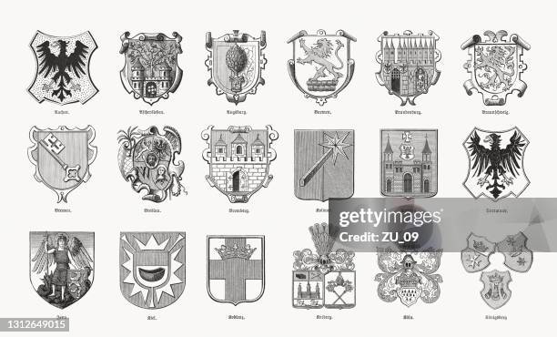 historical coats of arms of german cities, woodcuts, 1893 - rhineland palatinate stock illustrations