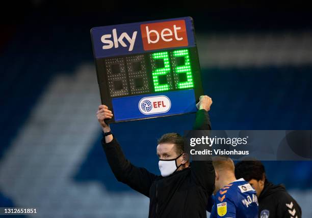 The Sky Bet sponsored electronic scoreboard indicating a substitution during the Sky Bet League Two match between Oldham Athletic and Colchester...