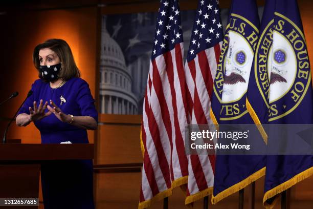 Speaker of the House Rep. Nancy Pelosi speaks during a weekly news conference at the U.S. Capitol April 15, 2021 in Washington, DC. Speaker Pelosi...