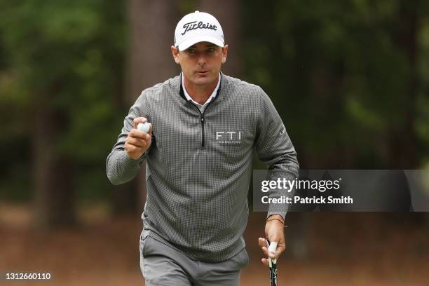 Charles Howell III of the United States reacts to his putt on the 15th green during the first round of the RBC Heritage on April 15, 2021 at Harbour...