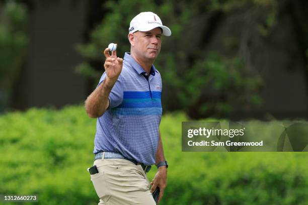 Stewart Cink of the United States reacts to his birdie on the eighth green during the first round of the RBC Heritage on April 15, 2021 at Harbour...