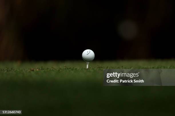 Detail of Si Woo Kim of South Korea Callaway ball on the 15th tee during the first round of the RBC Heritage on April 15, 2021 at Harbour Town Golf...