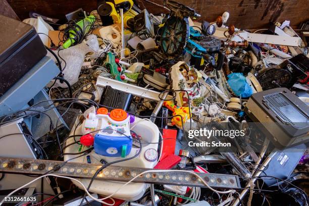 collection of electronic scrap at a recycling station - nuclear waste management stock pictures, royalty-free photos & images