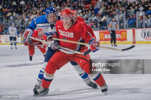 Maxim Afinogenov, Forward for Russia during the 1999 International Ice Hockey Federation World Junior Ice Hockey Championship Quarter Final match...