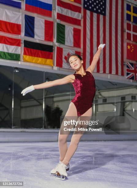 Michelle Kwan of the United States practices her figure skating program routine on 23rd September 1994 at the Ice Castle International Training...