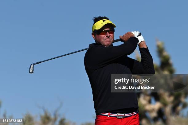 Robert Allenby plays his shot from the fourth tee during the first round of the MGM Resorts Championship at Paiute at the Las Vegas Paiute Golf...
