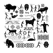 A set of decorative elements from rock art. Prehistoric drawings. Simple style.