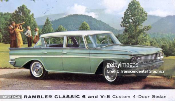 Postcard advertises the AMC Rambler Classic 4-Door Sedan, parked at the side of a road as its passenger stand and view a mountainous vista, 1961.