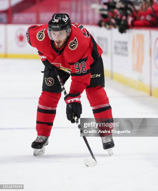 Victor Mete of the Ottawa Senators skates against the Winnipeg Jets at Canadian Tire Centre on April 14, 2021 in Ottawa, Ontario, Canada.