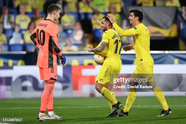 Paco Alcacer of Villarreal celebrates after scoring their team's first goal with teammate Gerard Moreno during the UEFA Europa League Quarter Final...