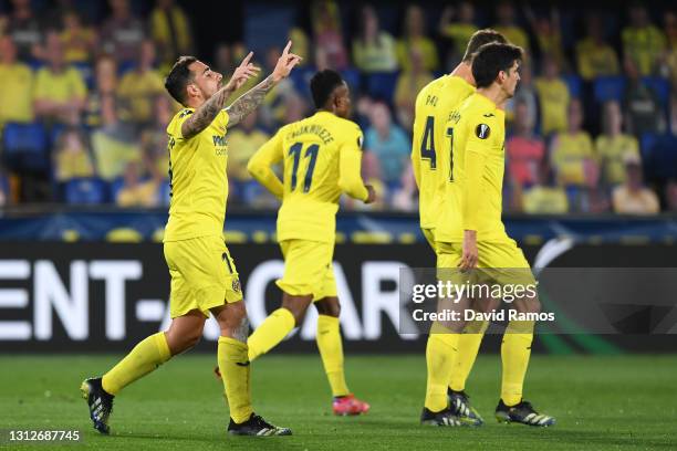 Paco Alcacer of Villarreal celebrates after scoring their team's first goal during the UEFA Europa League Quarter Final Second Leg match between...