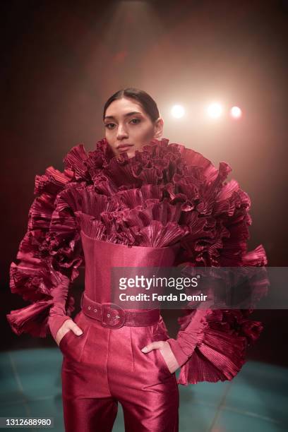 Model poses at the Cihan Nacar Lookbook for Istanbul Fashion Week-on April 15, 2021 in Istanbul, Turkey.