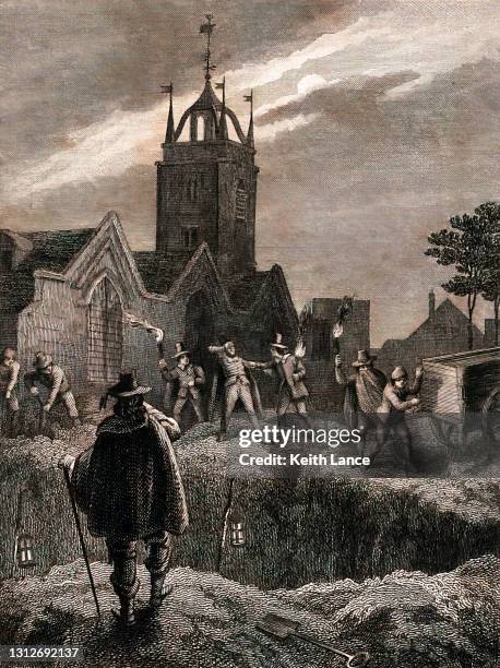 mass grave of plague victims - epidemie stock illustrations