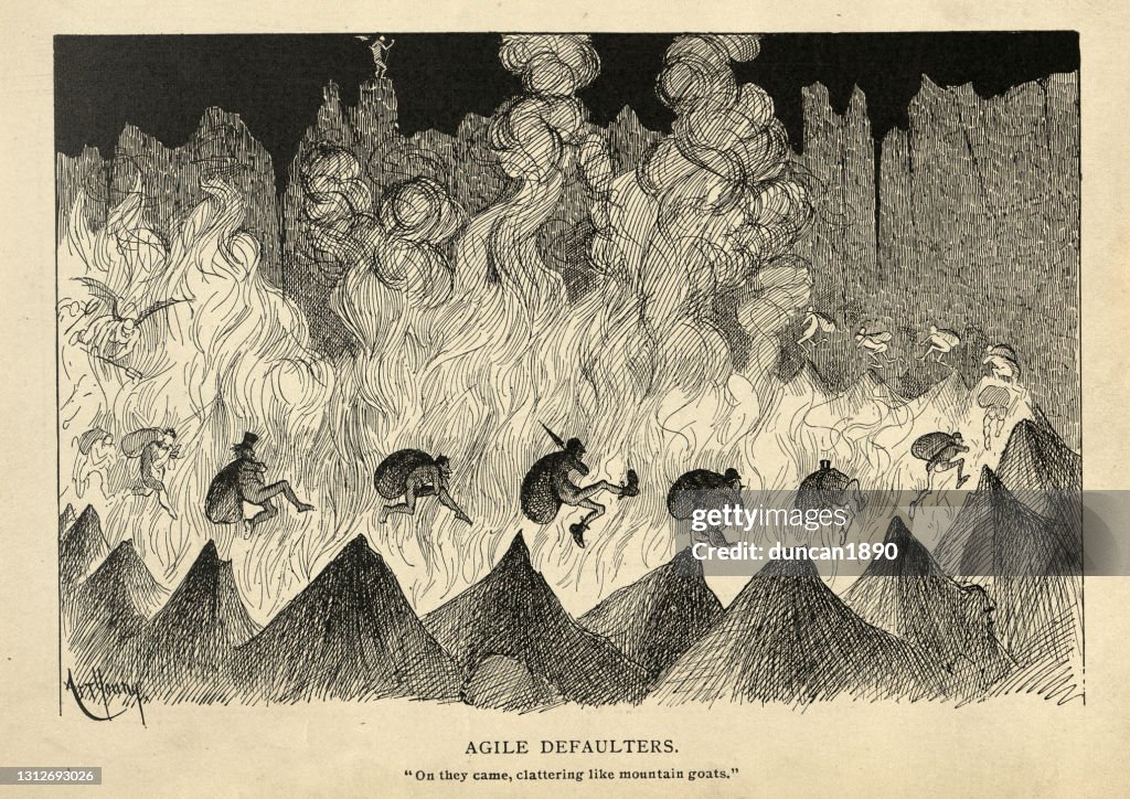 Satirical cartoon sketch on hell, punishment of Agile defaulters, Victorian