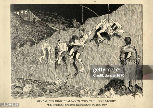 stockillustraties, clipart, cartoons en iconen met satirische cartoon schets over de hel, mendacious individuen, mannen die visverhalen vertellen, victoriaans - torture
