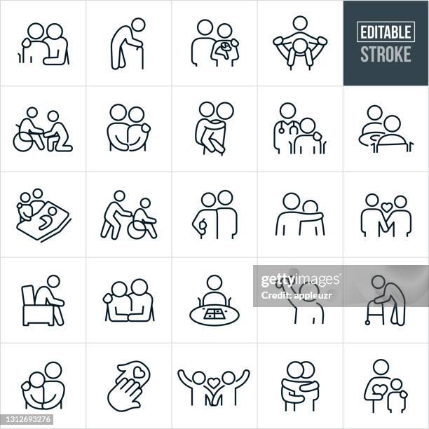 ilustraciones, imágenes clip art, dibujos animados e iconos de stock de iconos de línea delgada para personas mayores - trazo editable - couple relationship