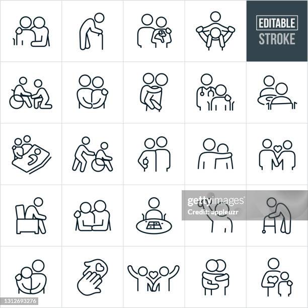 seniors thin line icons - editable stroke - aging process stock illustrations