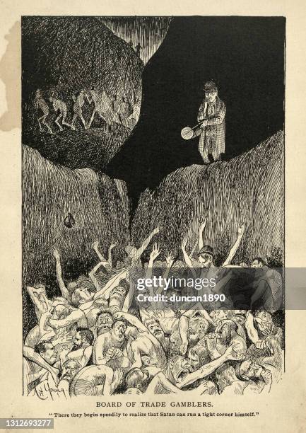 satirical cartoon sketch on hell, board of trade gamblers, victorian - crime board stock illustrations