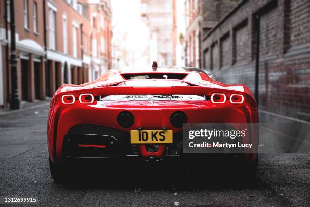 The Ferrari SF90 Stradale in Mayfair, London. The car shares its name with the Formula One car, with SF90 standing for the 90th anniversary of the...