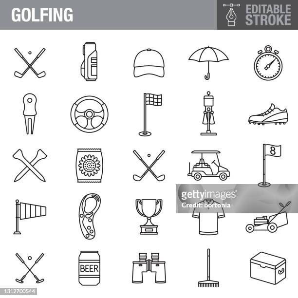 ilustrações, clipart, desenhos animados e ícones de conjunto de ícones de traçado editável de golfe - taco de golfe