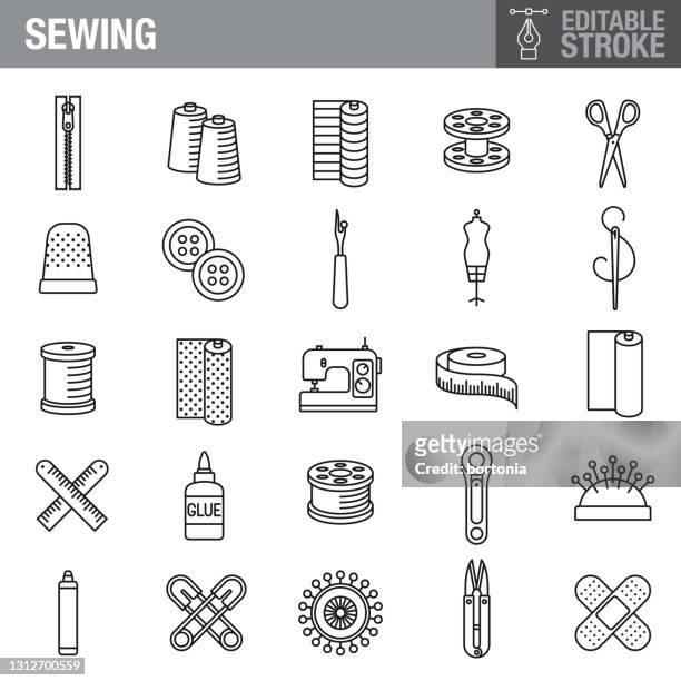 ilustraciones, imágenes clip art, dibujos animados e iconos de stock de conjunto de iconos de trazo editable de costura - coser