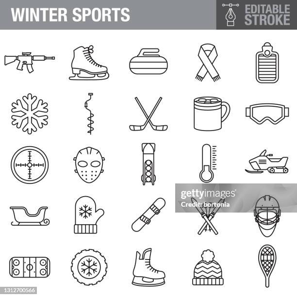 wintersport editierbarstrich icon set - schneeschuh stock-grafiken, -clipart, -cartoons und -symbole