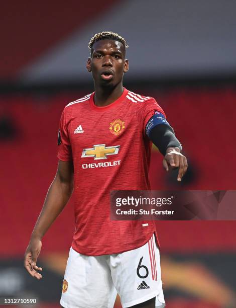 Paul Pogba of Manchester United makes a point during the UEFA Europa League Quarter Final Second Leg match between Manchester United and Granada CF...