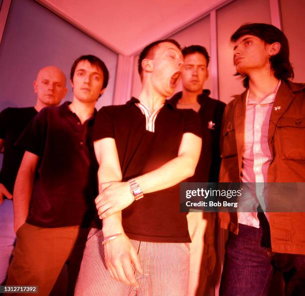 English drummer Phil Selway, English bassist Colin Greenwood, English lead singer/pianist Thom Yorke, English singer/guitarist Ed O'Brien and English...