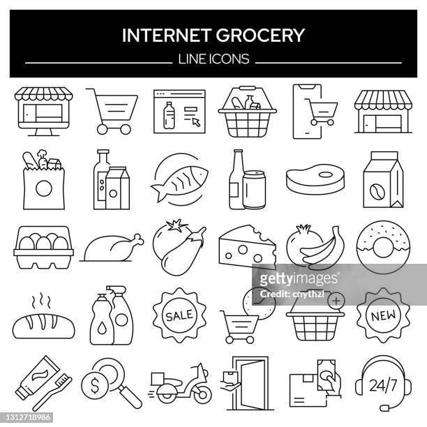 ilustraciones, imágenes clip art, dibujos animados e iconos de stock de conjunto de iconos de línea relacionada con el supermercado de internet. colección de símbolos de contorno, trazo editable - encargar