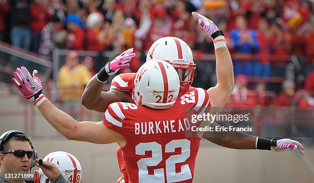 Running back Rex Burkhead of the Nebraska Cornhuskers celebrates a touchdown during their game against the Michigan State Spartans at Memorial...