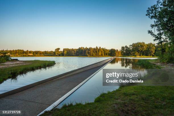 cycling through water - flandern belgien stock-fotos und bilder