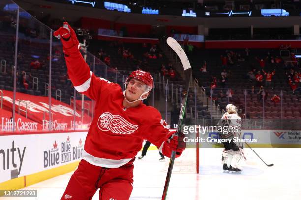 Jakub Vrana of the Detroit Red Wings celebrates his second period goal while playing the Chicago Blackhawks at Little Caesars Arena on April 15, 2021...