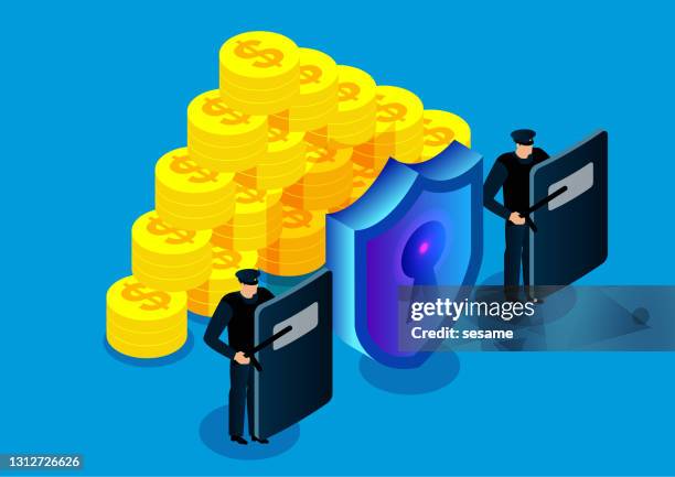 isometric bodyguard and shield protecting a pile of gold coins, concept of financial security property protection - police shield stock illustrations