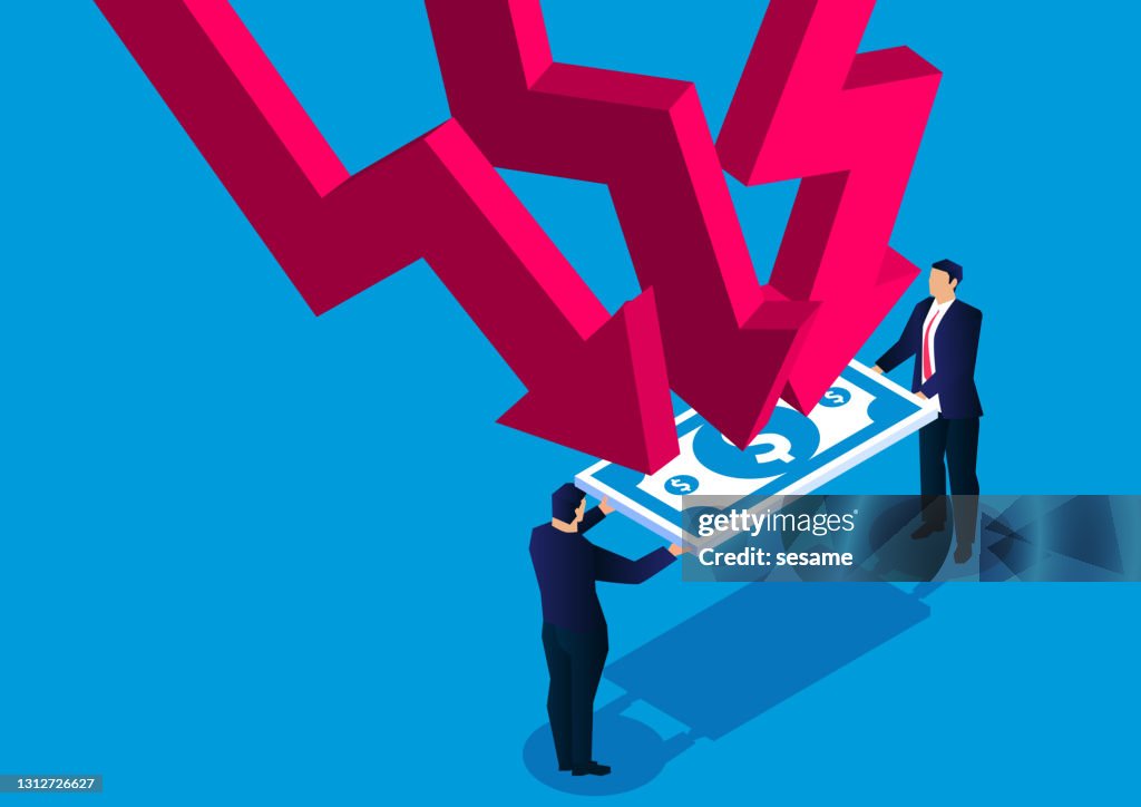Isometric two businessmen holding money against falling arrows, fending off financial crisis