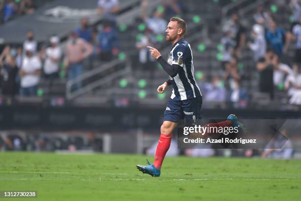 Vincent Janssen of Monterrey celebrates after scoring his team's second goal during a second leg match between Monterrey and Atletico Pantoja as part...