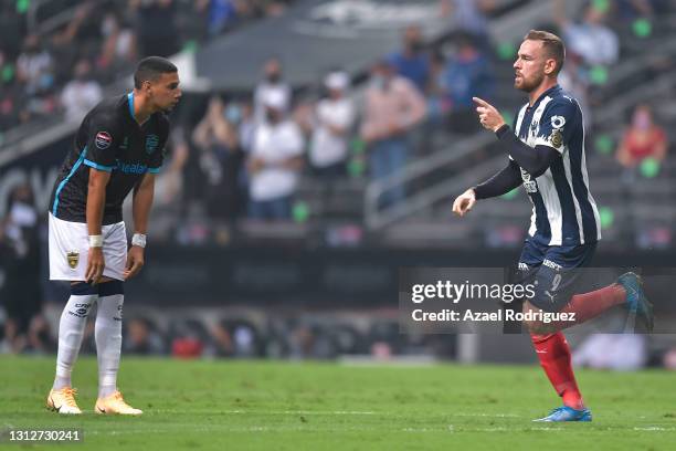 Vincent Janssen of Monterrey celebrates after scoring his team's second goal during a second leg match between Monterrey and Atletico Pantoja as part...