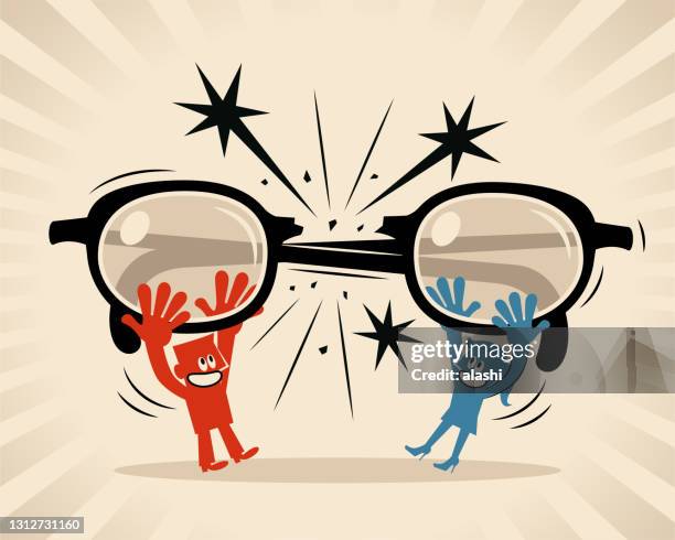 ilustraciones, imágenes clip art, dibujos animados e iconos de stock de mujer y hombre se rompen las gafas y deciden no mirarse entre sí a través de grandes anteojos (filtro, prejuicio, sesgo, estereotipo) - miope and humor
