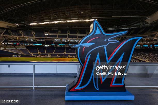 General view of the Miami Marlins logo displayed in the stands during the Opening Day game between the Miami Marlins and the Tampa Bay Rays at...