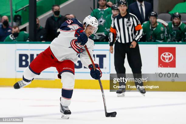 Michael Del Zotto of the Columbus Blue Jackets take a shot on goal against the Dallas Stars in the first period at American Airlines Center on April...