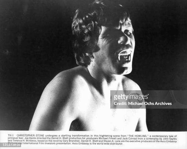Christopher Stone undergoes through a startling transformation in a scene from the film 'The Howling', 1981.