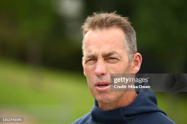 Alastair Clarkson, senior coach of the Hawks talks to the media during a Hawthorn Hawks AFL training session at Waverley Park on April 16, 2021 in...