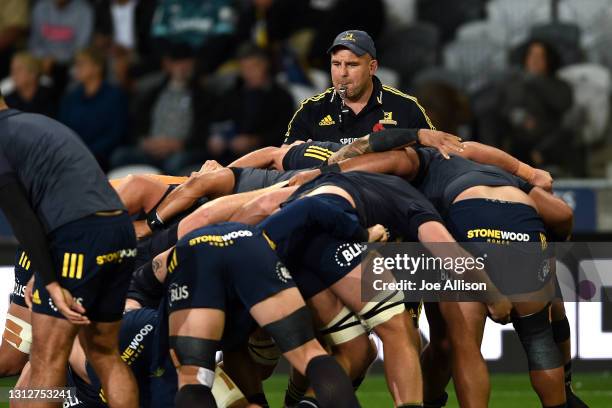 Clarke Dermody assistant coach of the Highlanders blows his whistle ahead of the round eight Super Rugby Aotearoa match between the Highlanders and...