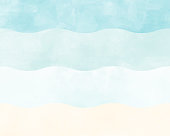 A watercolor style ocean or beach background illustration in light blue or blue.